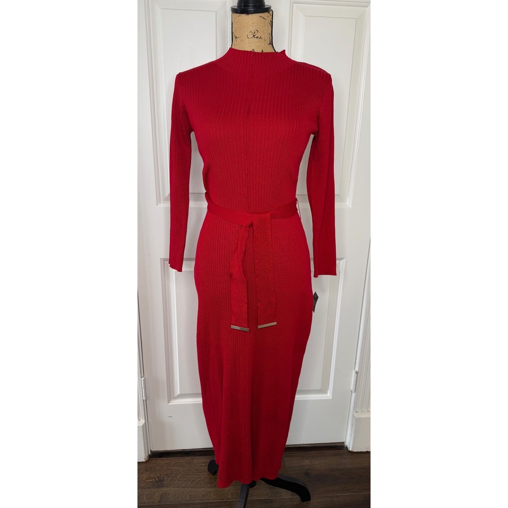 Privilege Red Ribbed Mock Neck‎ Long Sleeve Belted Maxi Dress Womens Medium NWT